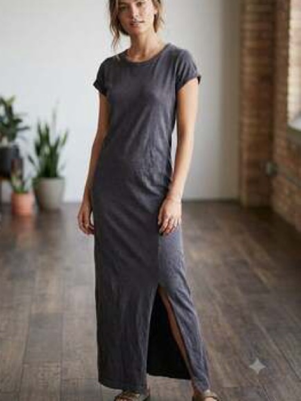 Artisan NY Heathered Grey Cotton Maxi Side Split Hem T Shirt Dress S